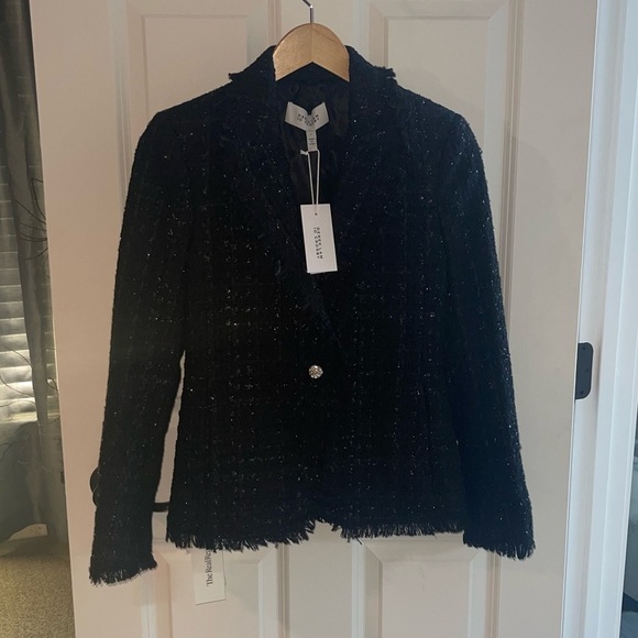 NEW Derek Lam 10 Crosby Adelaide Fringe Blazer Black One Button Tweed Sparkle - Picture 4 of 11